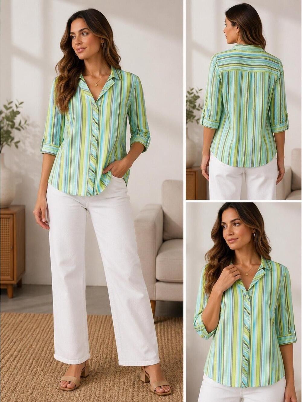 Lane Bryant Plus Size 18/20 Green & Yellow Striped Button-Up Shirt 3/4 Sleeve